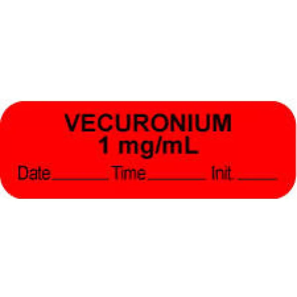 Anesthesia Label With Date, Time & Initial (Paper, Permanent) "Vecuronium 1 Mg/Ml" 1 1/2" X 1/2" Fluorescent Red - 1000 Per Roll