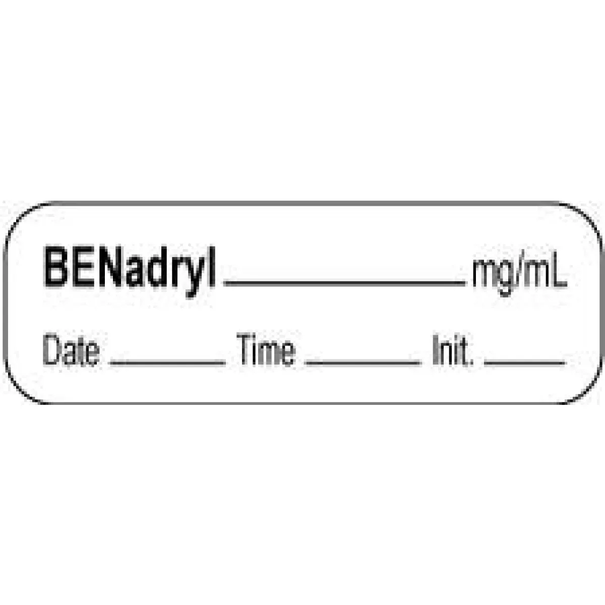 Anesthesia Label With Date, Time & Initial | Tall-Man Lettering (Paper, Permanent) Benadryl Mg/Ml 1 1/2" X 1/2" White - 1000 Per Roll