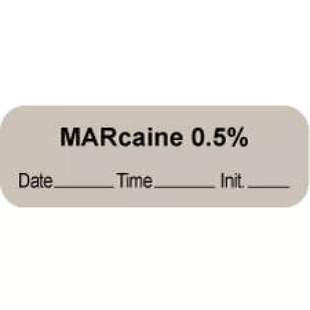 Anesthesia Label With Date, Time & Initial | Tall-Man Lettering (Paper, Permanent) "Marcaine 0.5%" 1 1/2" X 1/2" Gray - 1000 Per Roll