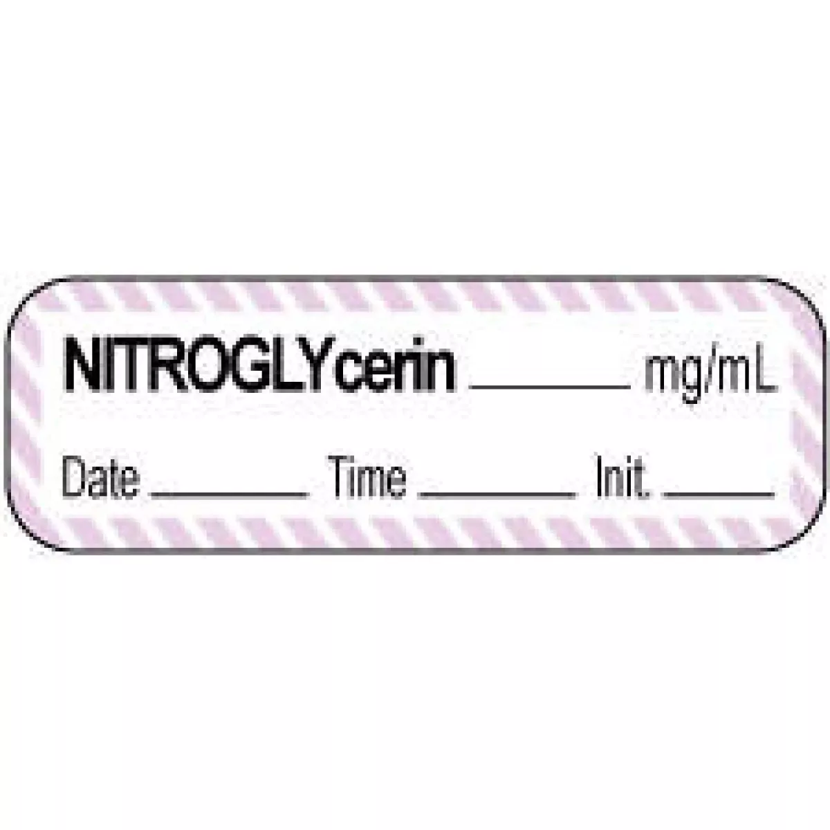 Anesthesia Label With Date, Time & Initial | Tall-Man Lettering (Paper, Permanent) Nitroglycerin Mg/Ml 1 1/2" X 1/2" White With Violet - 1000 Per Roll