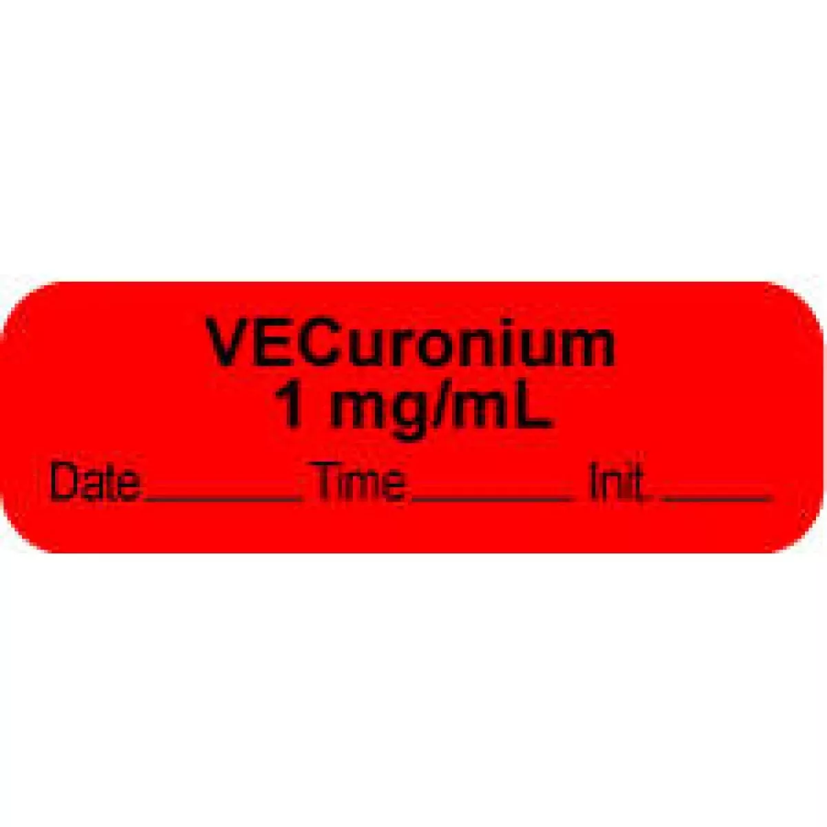 Anesthesia Label With Date, Time & Initial | Tall-Man Lettering (Paper, Permanent) "Vecuronium 1 Mg/Ml" 1 1/2" X 1/2" Fluorescent Red - 1000 Per Roll