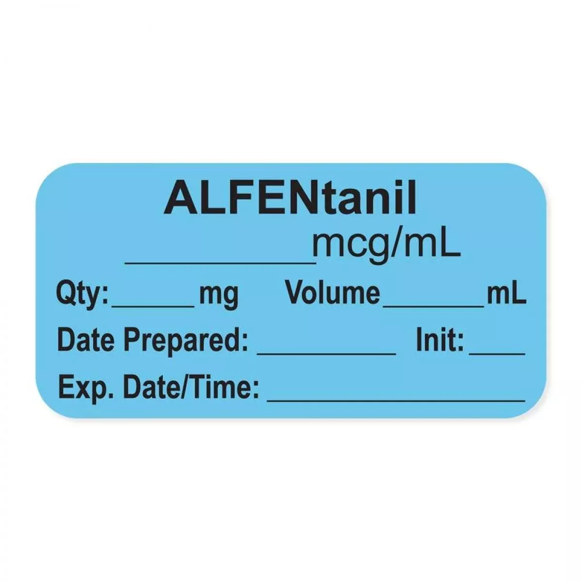 Anesthesia Label, With Expiration Date, Time & Initial (Paper, Permanent) "Alfentanil Mcg/Ml" 1-1/2" X 3/4" Blue - 500 Per Roll