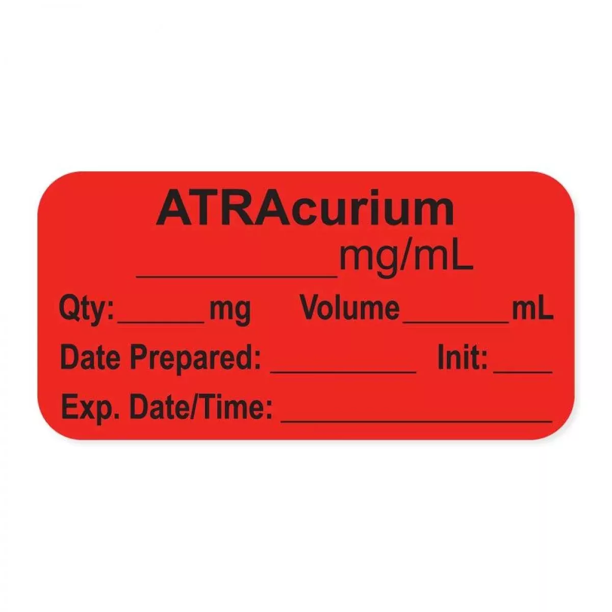 Anesthesia Label, With Expiration Date, Time & Initial (Paper, Permanent) "Atracurium Mg/Ml" 1-1/2" X 3/4", Fluorescent Red - 500 Per Roll