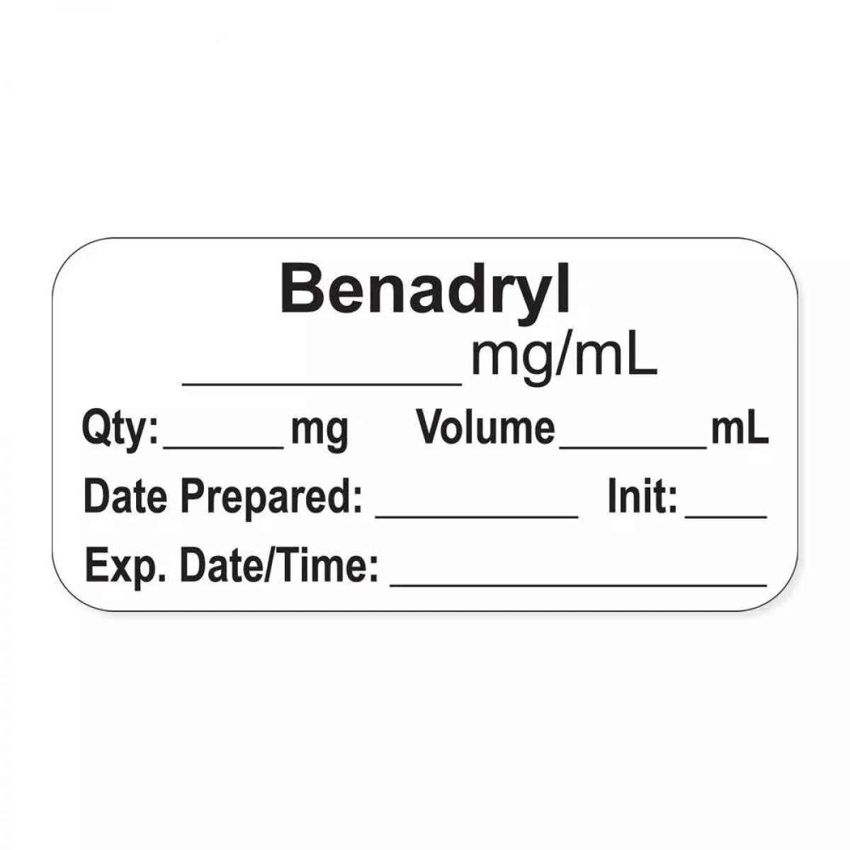 Anesthesia Label, With Expiration Date, Time & Initial (Paper, Permanent) "Benadryl Mg/Ml" 1-1/2" X 3/4"White - 500 Per Roll