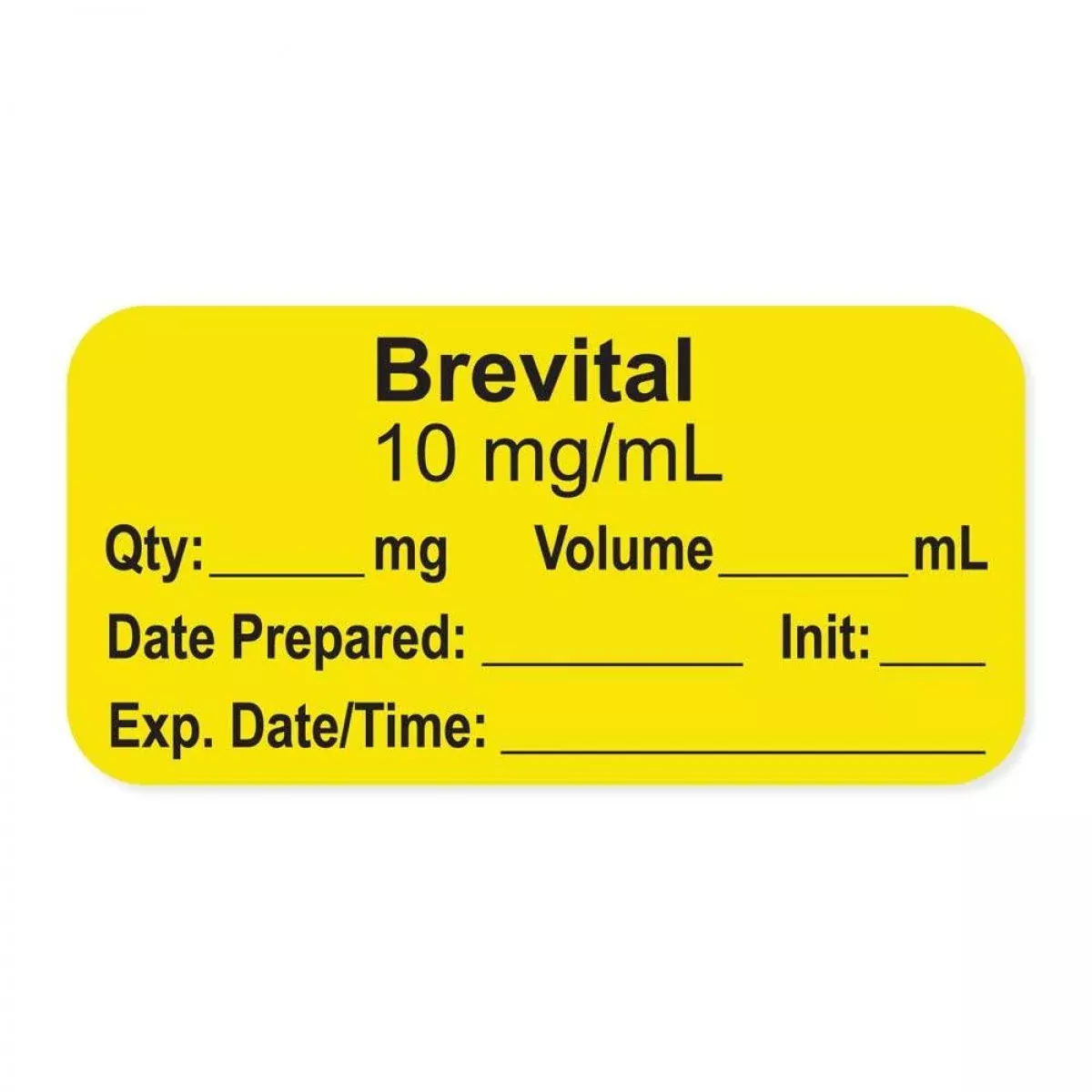Anesthesia Label, With Expiration Date, Time & Initial (Paper, Permanent) "Brevital 10 Mg/Ml" 1-1/2" X 3/4", Yellow - 500 Per Roll