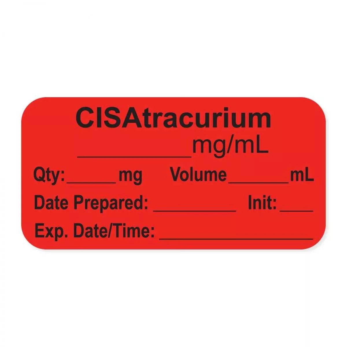 Anesthesia Label, With Expiration Date, Time & Initial (Paper, Permanent) "Cisatracurium 2 Mg/Ml" 1-1/2" X 3/4", Fluorescent Red - 500 Per Roll