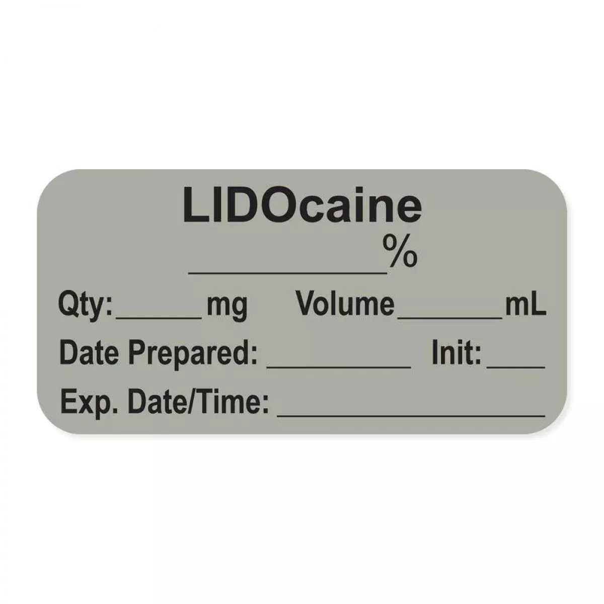 Anesthesia Label, With Expiration Date, Time & Initial (Paper, Permanent) "Lidocaine 1%" 1-1/2" X 3/4", Gray - 500 Per Roll