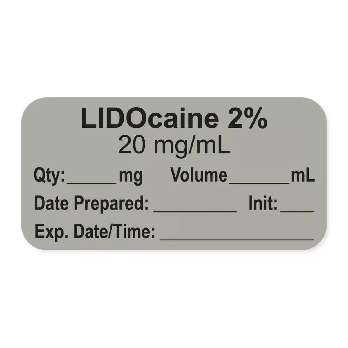 Anesthesia Label, With Expiration Date, Time & Initial (Paper, Permanent) "Lidocaine 2.0% 20 Mg/Ml" 1-1/2" X 3/4", Gray - 500 Per Roll