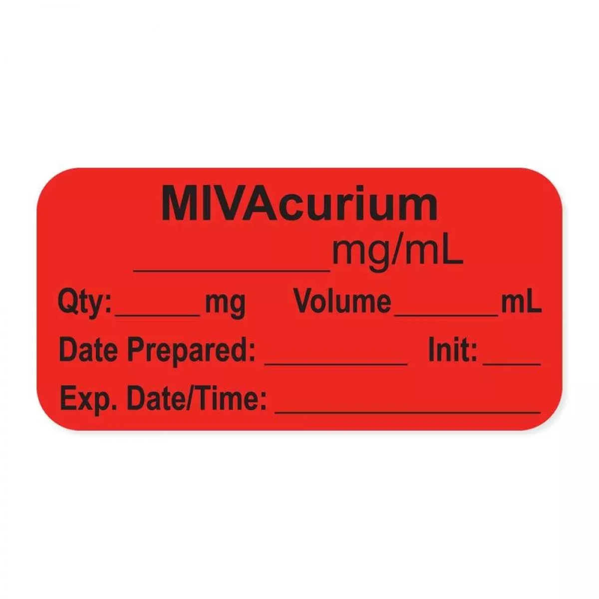 Anesthesia Label, With Expiration Date, Time & Initial (Paper, Permanent) "Mivacurium Mg/Ml" 1-1/2" X 3/4", Fluorescent Red - 500 Per Roll