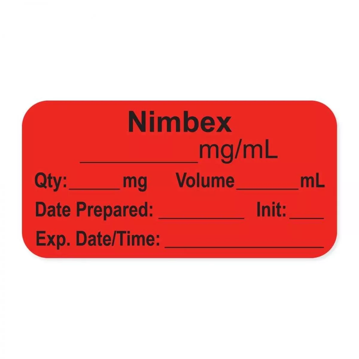 Anesthesia Label, With Expiration Date, Time & Initial (Paper, Permanent) "Nimbex Mg/Ml" 1-1/2" X 3/4", Fluorescent Red - 500 Per Roll