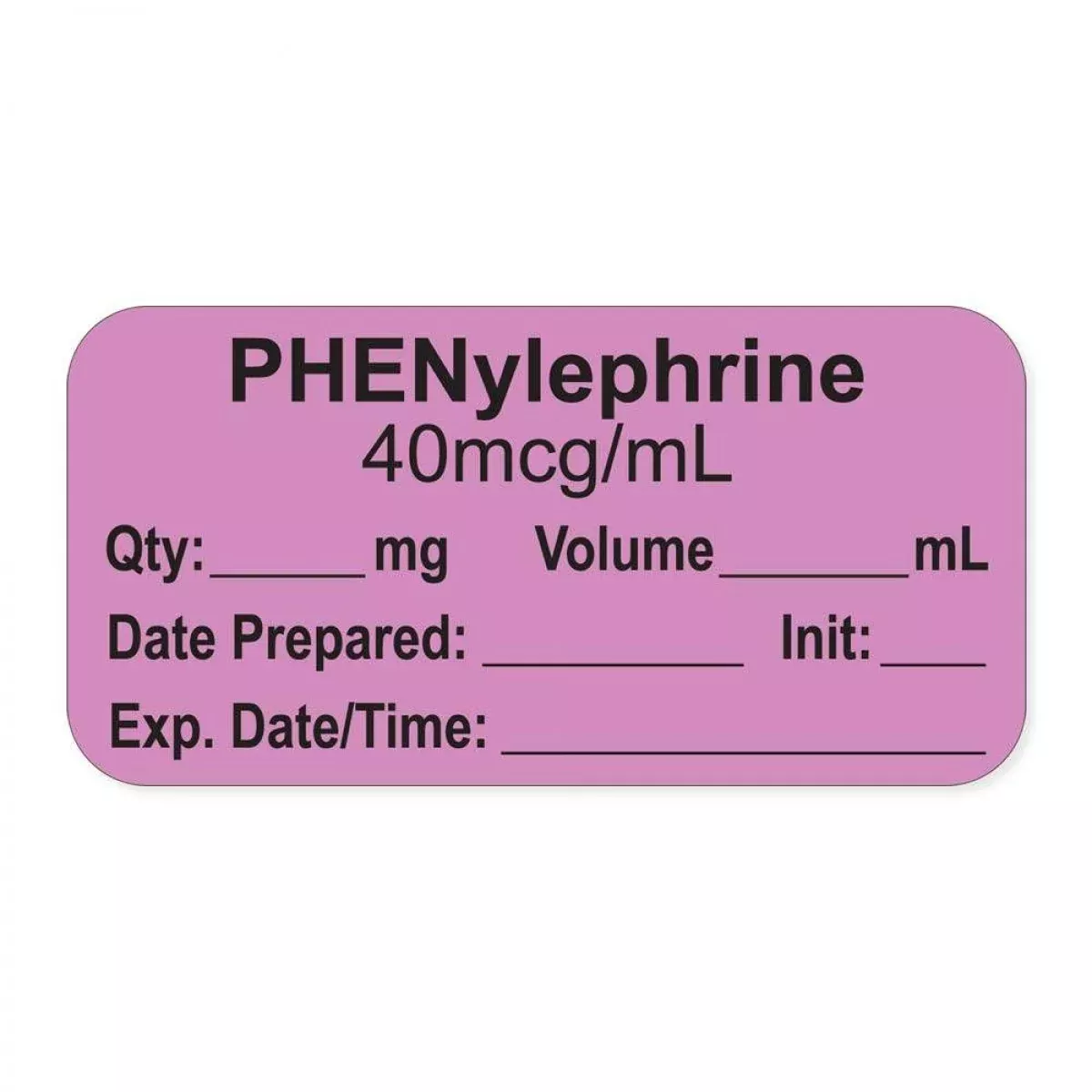 Anesthesia Label, With Expiration Date, Time & Initial (Paper, Permanent) "Phenylephrine Mcg/Ml" 1-1/2" X 3/4", Violet - 500 Per Roll