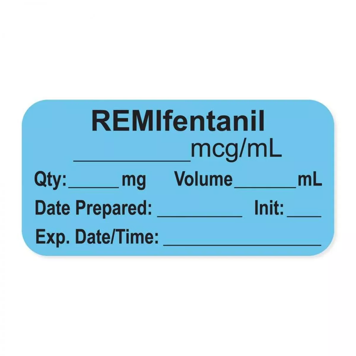 Anesthesia Label, With Expiration Date, Time & Initial (Paper, Permanent) "Remifentanil 50 Mcg/Ml" 1-1/2" X 3/4" Blue - 500 Per Roll