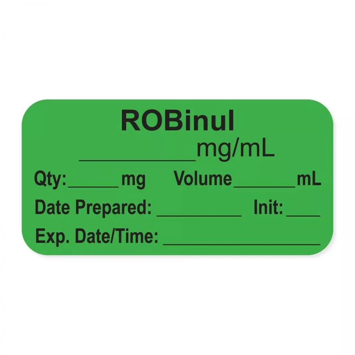 Anesthesia Label, With Expiration Date, Time & Initial (Paper, Permanent) "Robinul Mg/Ml" 1-1/2" X 3/4", Green, - 500 Per Roll