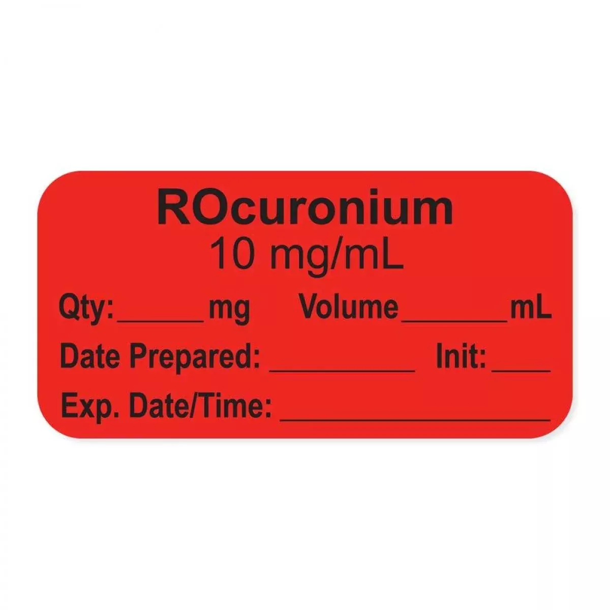 Anesthesia Label, With Expiration Date, Time & Initial (Paper, Permanent) "Rocuronium 10 Mg/Ml" 1-1/2" X 3/4", Fluorescent Red - 500 Per Roll