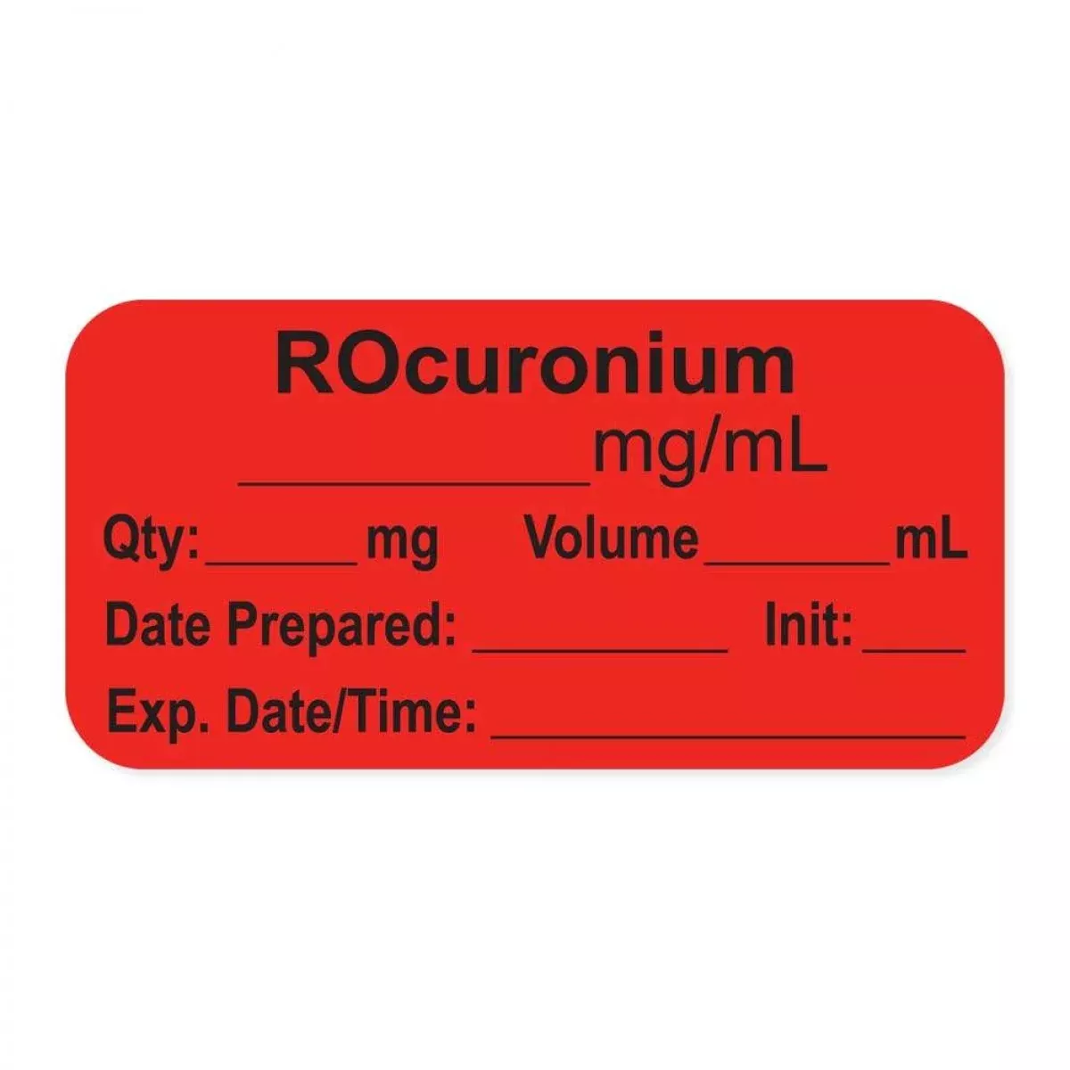 Anesthesia Label, With Expiration Date, Time & Initial (Paper, Permanent) "Rocuronium Mg/Ml" 1-1/2" X 3/4", Fluorescent Red - 500 Per Roll