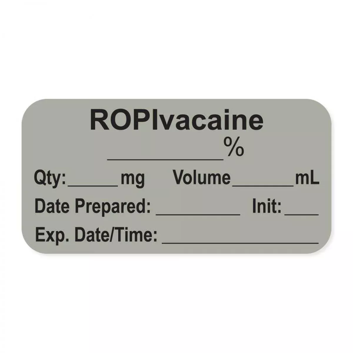 Anesthesia Label, With Expiration Date, Time & Initial (Paper, Permanent) "Ropivacaine ___%" 1-1/2" X 3/4", Gray - 500 Per Roll