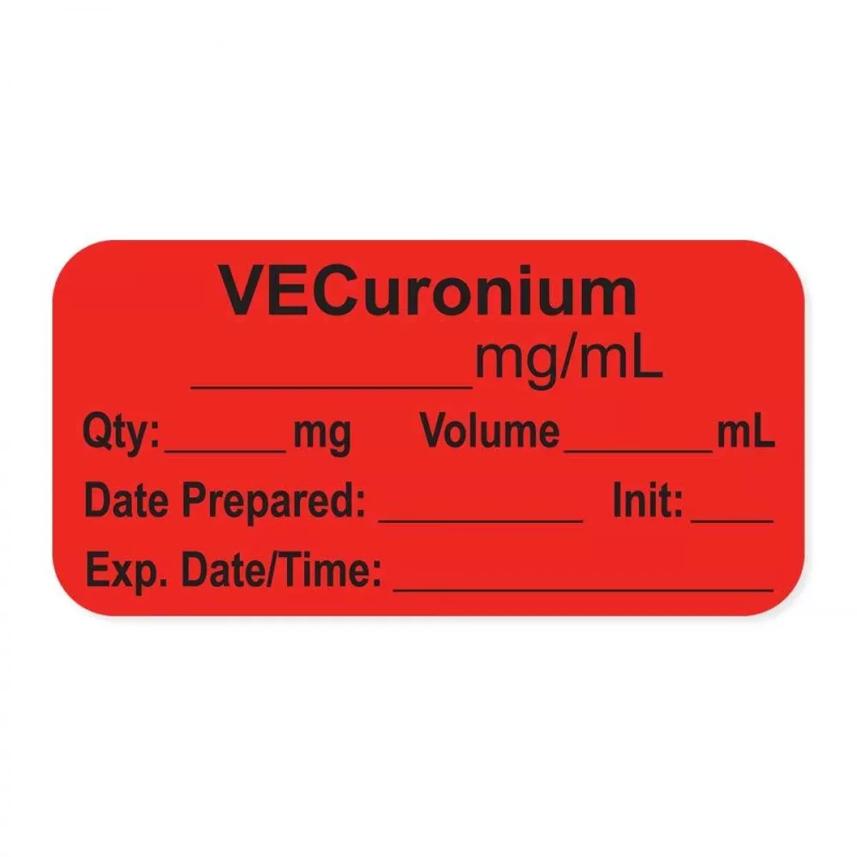 Anesthesia Label, With Expiration Date, Time & Initial (Paper, Permanent) "Vecuronium Mg/Ml" 1-1/2" X 3/4", Fluorescent Red - 500 Per Roll