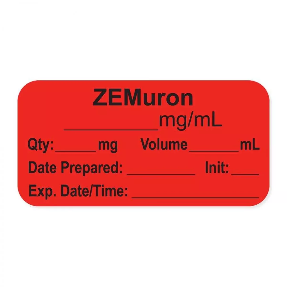 Anesthesia Label, With Expiration Date, Time & Initial (Paper, Permanent) "Zemuron Mg/Ml" 1-1/2" X 3/4", Fluorescent Red - 500 Per Roll