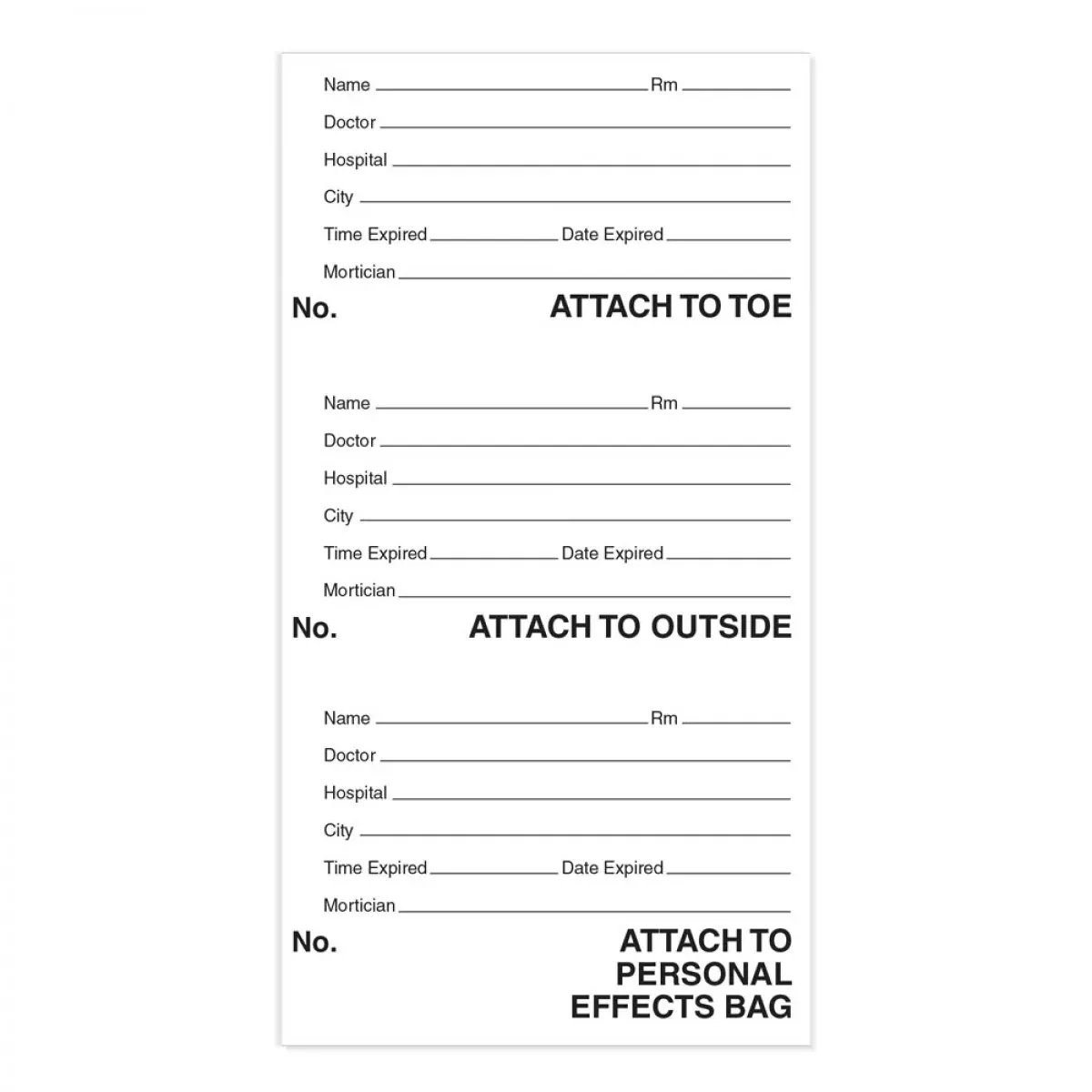 Cadaver Bag Toe Tags Only 3 Tags Per Sheet White 4-1/8" X 6-1/2" - 1000 Per Case