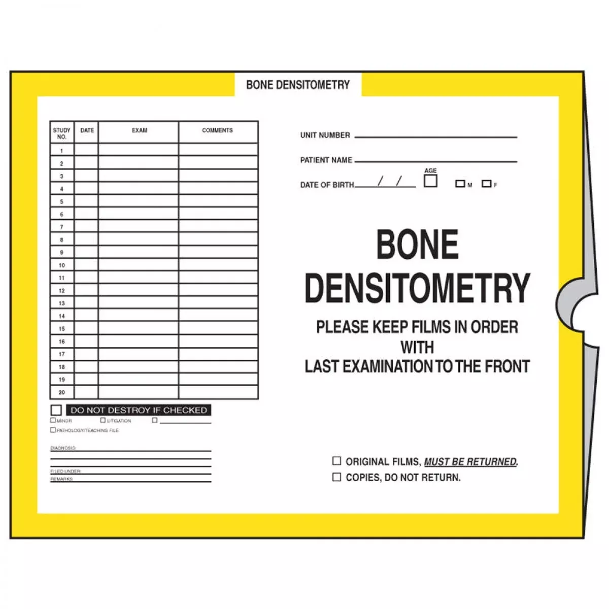 Category Insert Jacket Open Top Bone Densitometry Yellow 28# Kraft 10-1/2"X12-1/2" - 250 Per Case