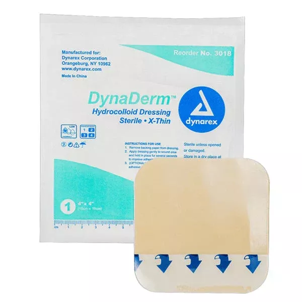 Dynarex DynaDerm - Hydrocolloid Dressing - Extra Thin, 4" x 4", 10ea/bx, 12bxs/cs (120 Count)