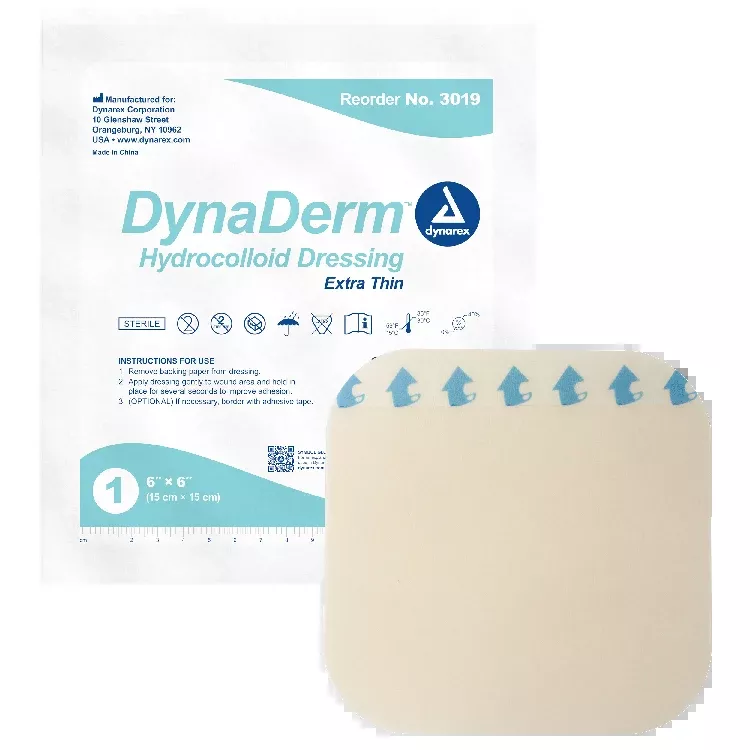 Dynarex DynaDerm - Hydrocolloid Dressing - Extra Thin, 6" x 6", 5ea/bx, 12bxs/cs (60 Count)