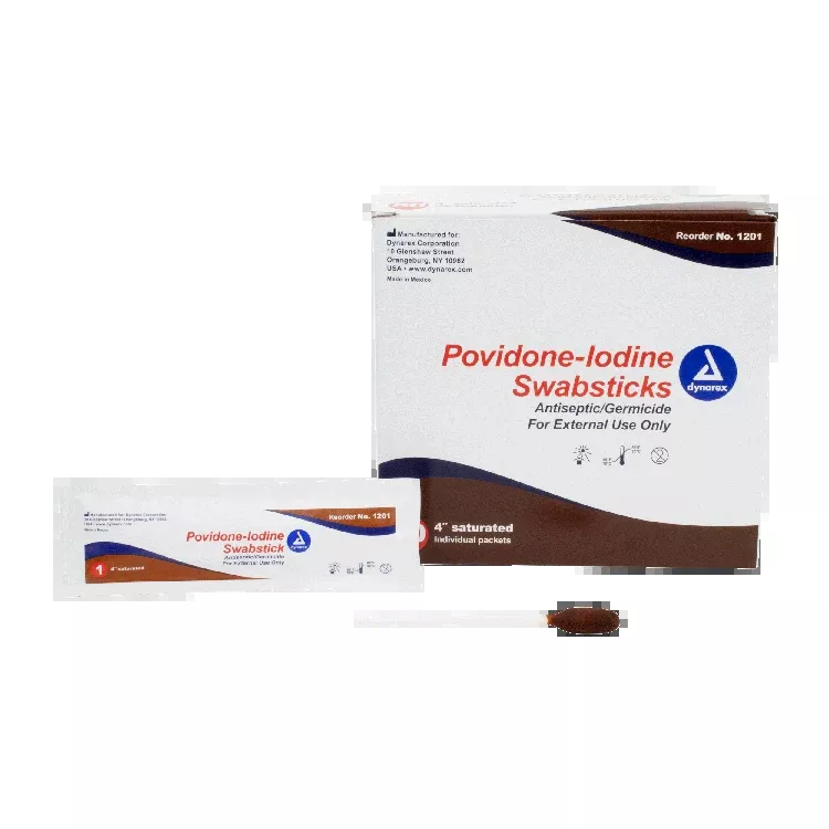 Dynarex Povidone Iodine Swabsticks, 1 Swabstick per Packet, 10 bxs/case (500 Count)