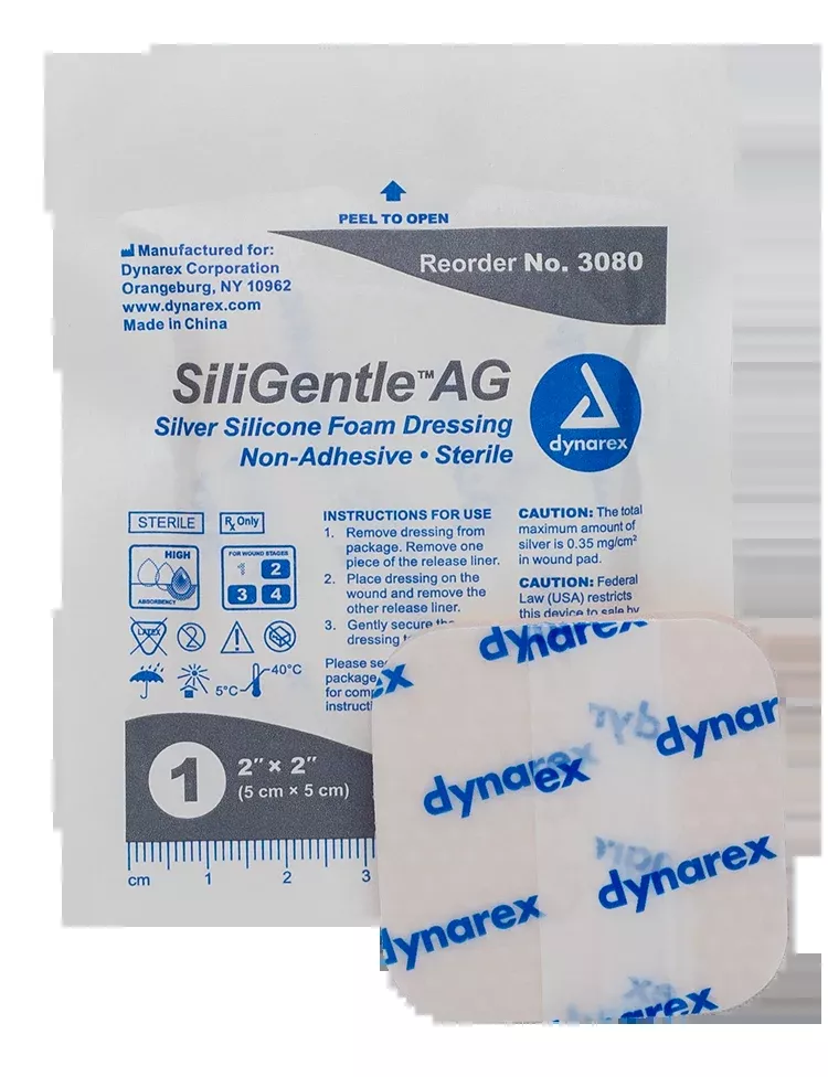 Dynarex SiliGentle AG - Silver Silicone Foam Dressing, 10ea/bx, 5bxs/cs (50 Count)