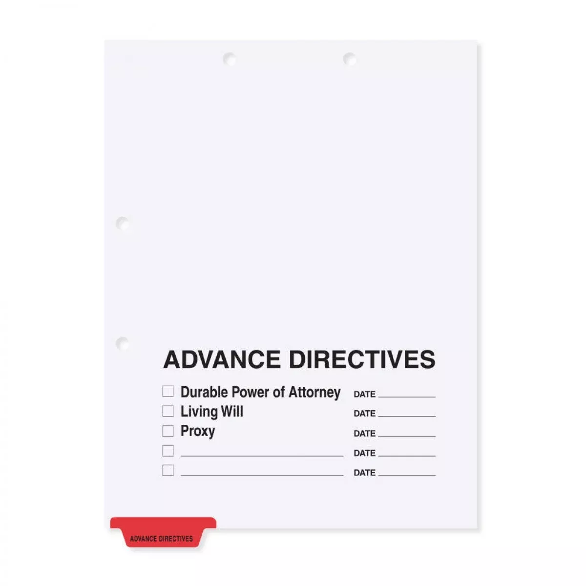 Filepro Chart Divider Bottom Tab Position #1 "Advance Directives" 1/8 Cut Mylar Reinforced Tab Red 100# White 8-1/2"X11" - 300 Per Box