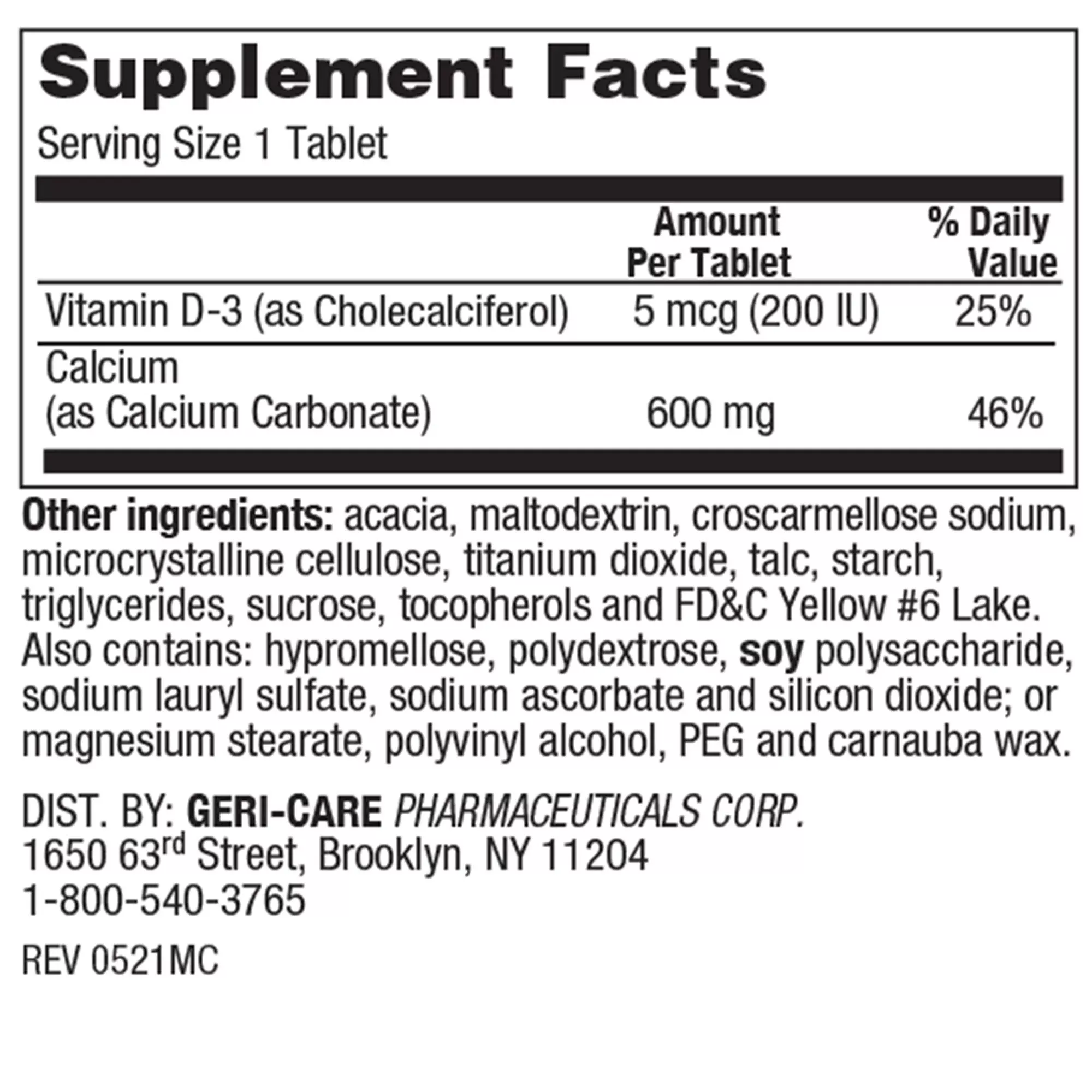 Geri-Care Calcium 600 + D Dietary Supplement