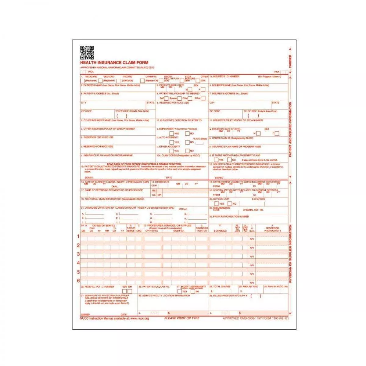 Hcfa Claim Form 1500 No Barcode Laser 1 Part 02/12 White And Red - 2500 Per Box