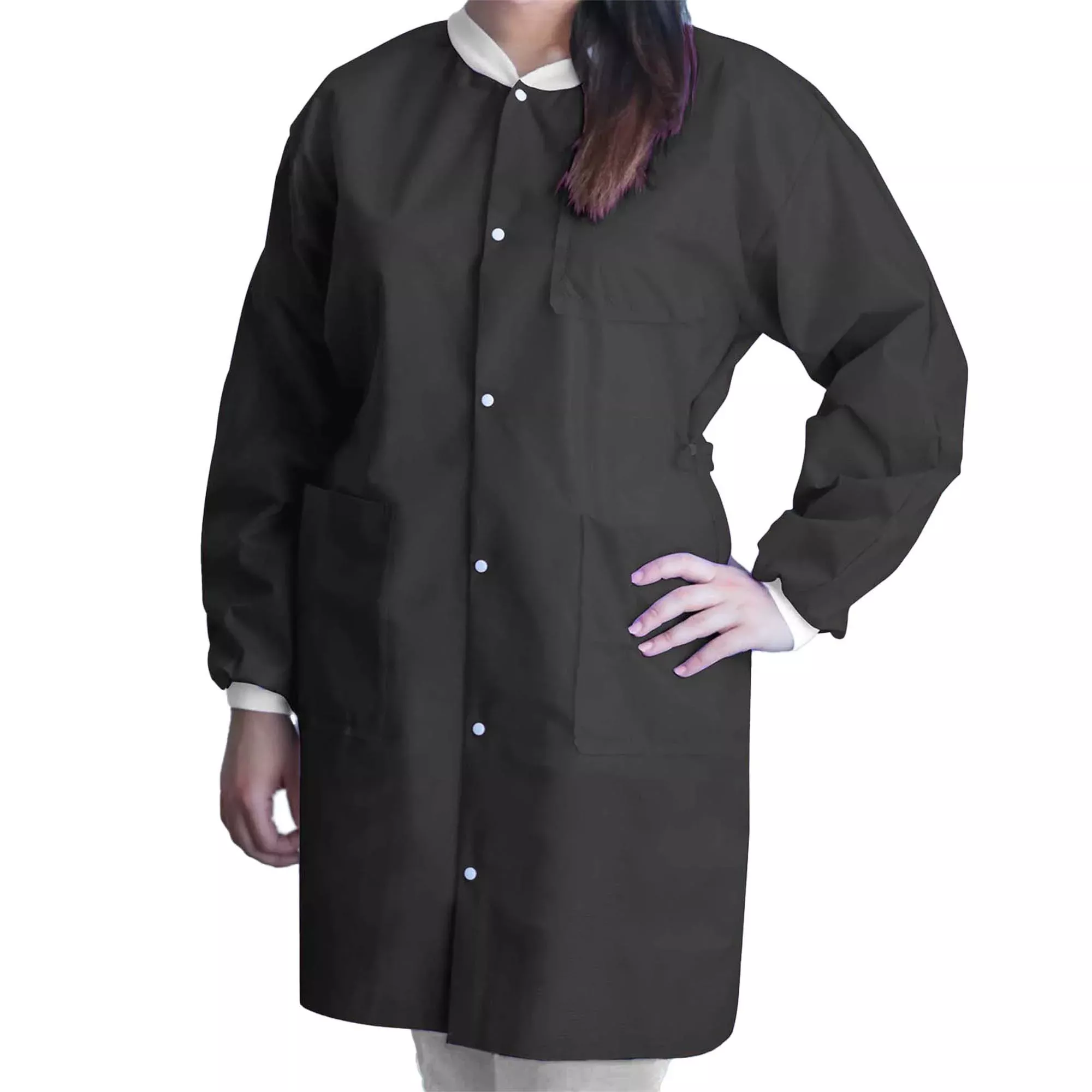 Lab Coat FitMe™ Black Large Knee Length 3-Layer SMS Disposable
