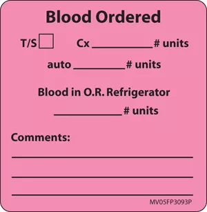 Label Paper Permanent Blood Ordered T/S 1" Core 2 7/16" X 2 1/2" Fl. Pink 400 Per Roll