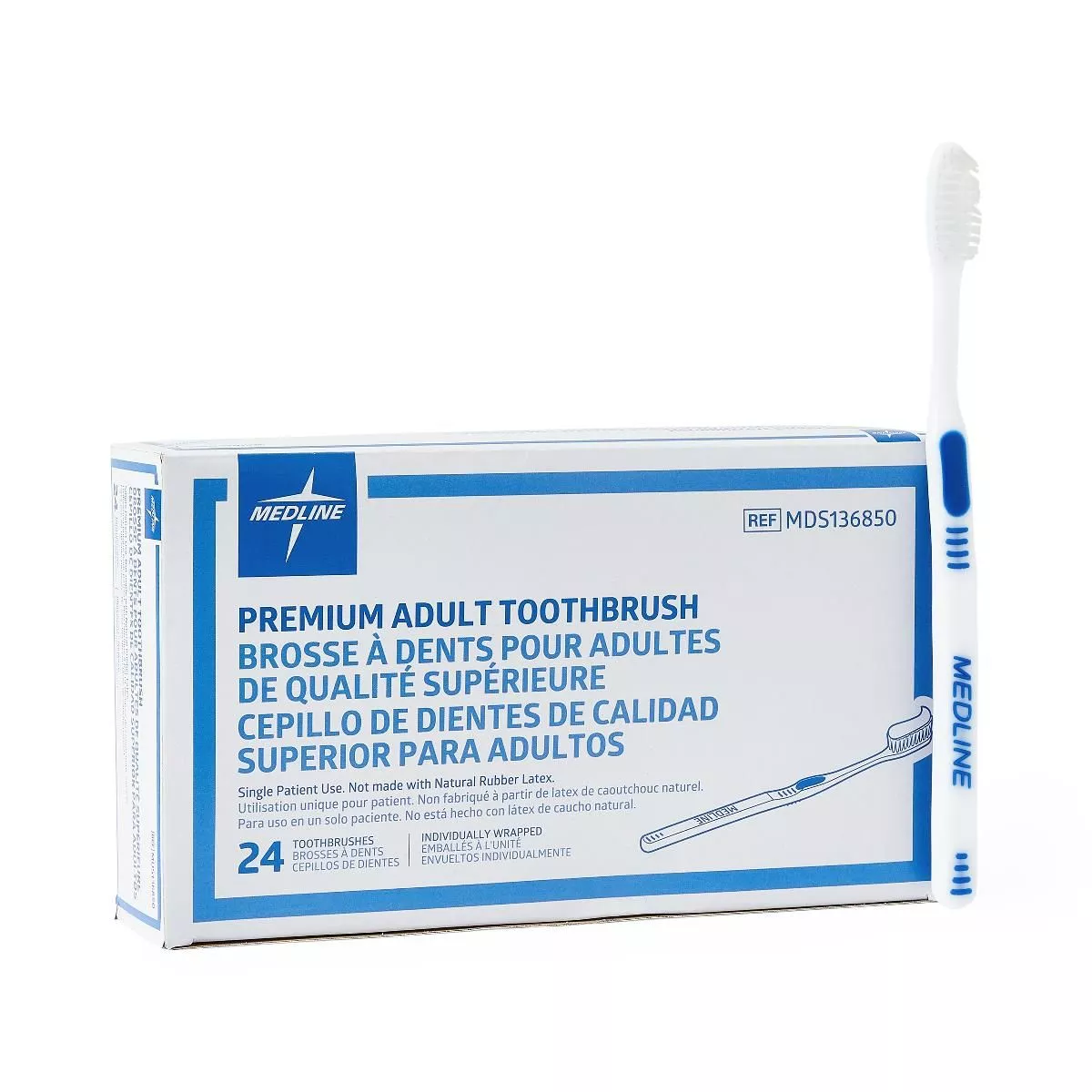 Medline Premium Adult Toothbrush, Blue and White