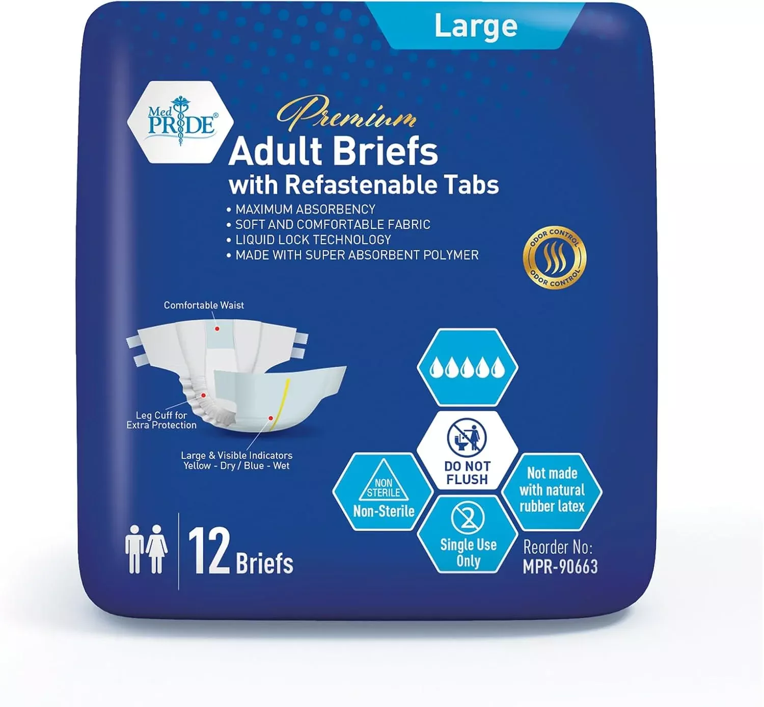 MedPride Adult Briefs with Refastenable Tabs, Large Size, 6 Packs of 12 (72 count)