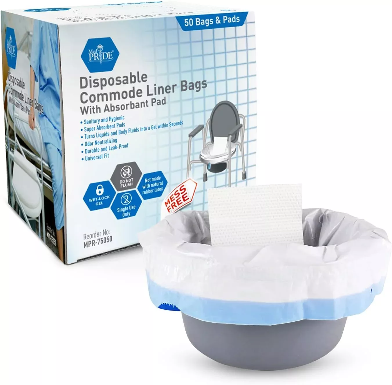 MedPride Disposable Commode Liner Bags with Absorbant Pads, Universal Size, 50 bags and pads/ Case of 12 (600 count)