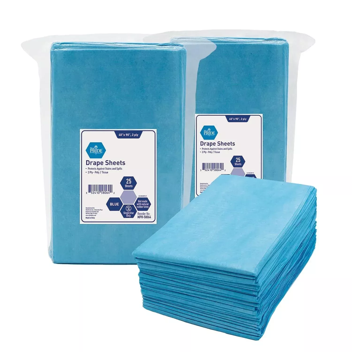 MedPride Disposable Drape Sheets, Blue - 40" x 90" - 2 ply - P/T - 25/Pack, Case of 2 (50 Count)
