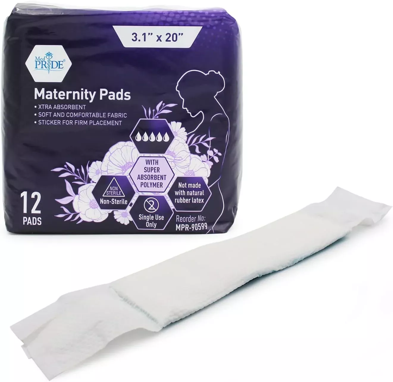 MedPride Individually Wrapped Postpartum Maternity Pads, 16 grams, 3.1" x 20", 24 Packs of 12 (288 count)