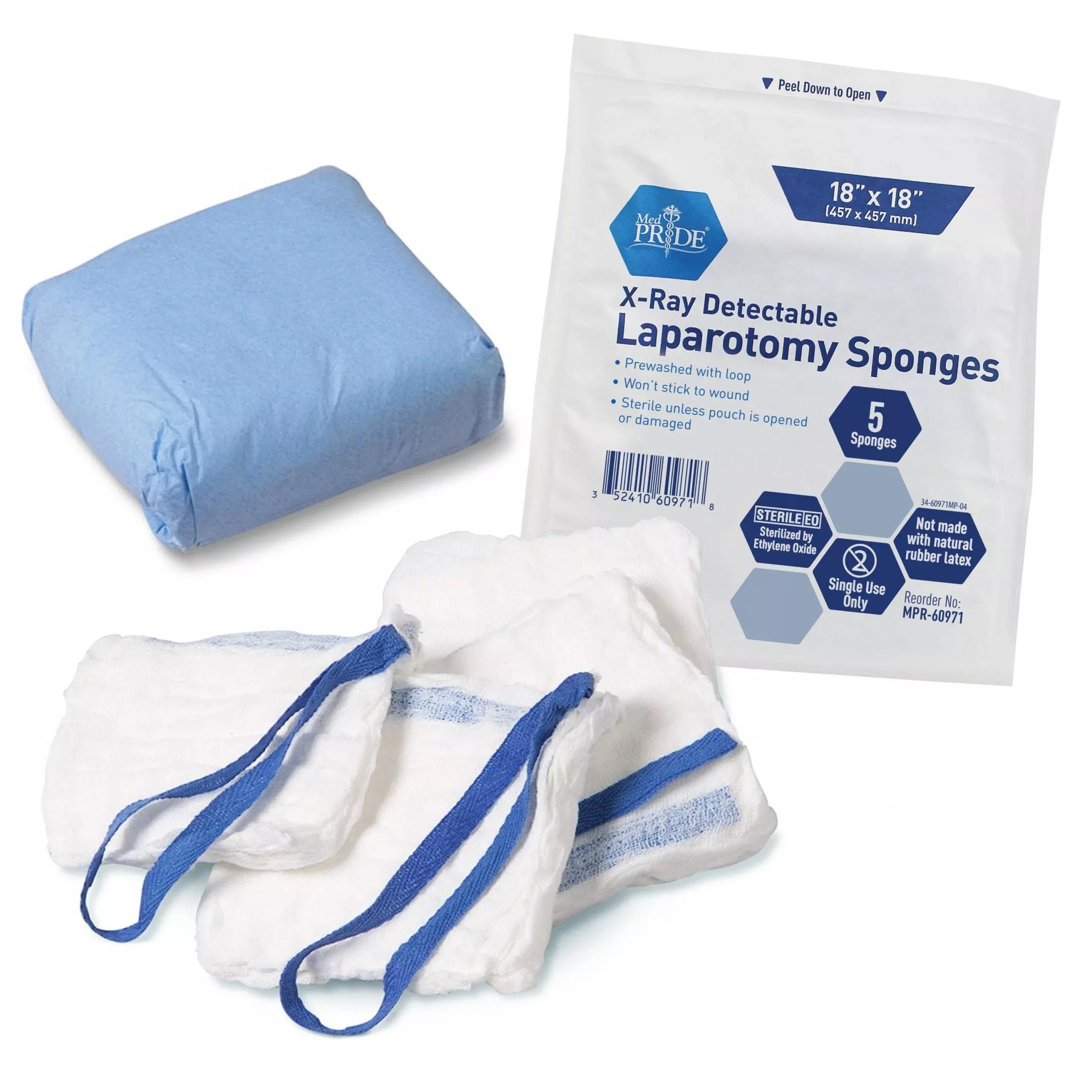 MedPride Laparotomy Sponge, Prewashed - Sterile - X Ray Det 18"x18", 5/Pack, Case of 40 (200)