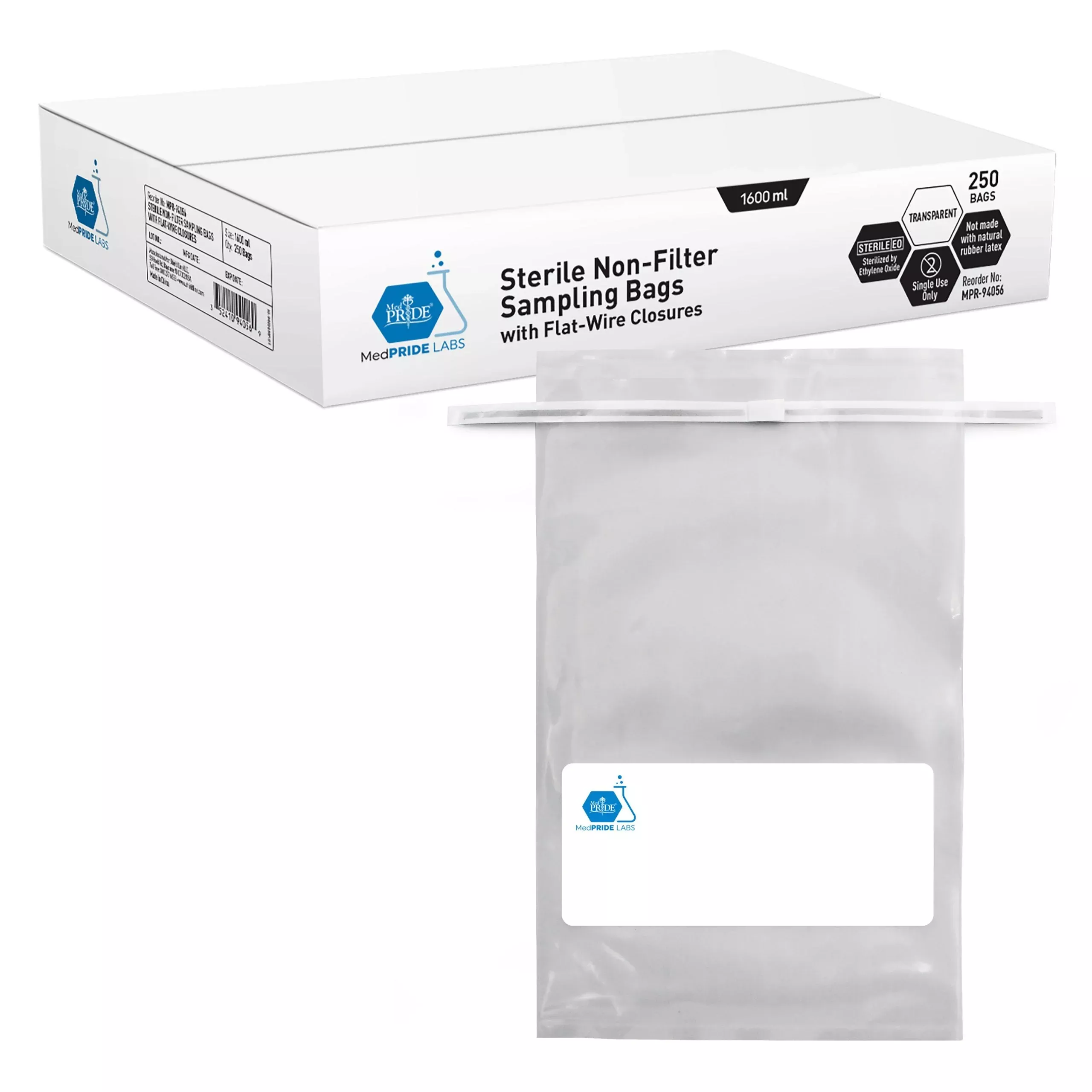 MedPride Sterile Non-Filter Sampling Bags with Flat-Wire Closure 1600 ml, 250 Bags / Case of 4 (1000)