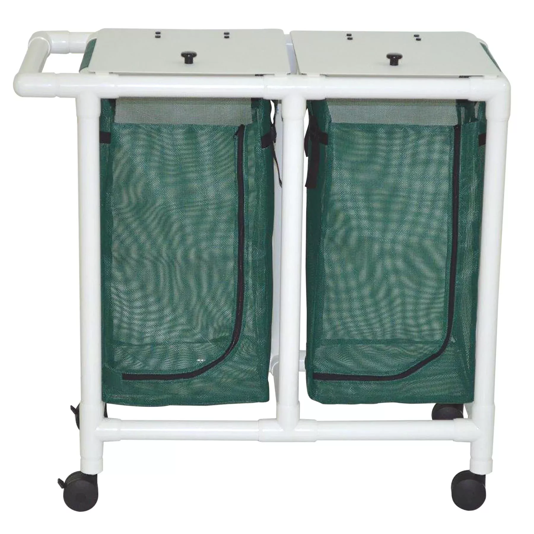 MJM International 214-D Double hamper with mesh bag (23 gallon capacity per bag), 3" twin casters, zipper opening, push/pull handle