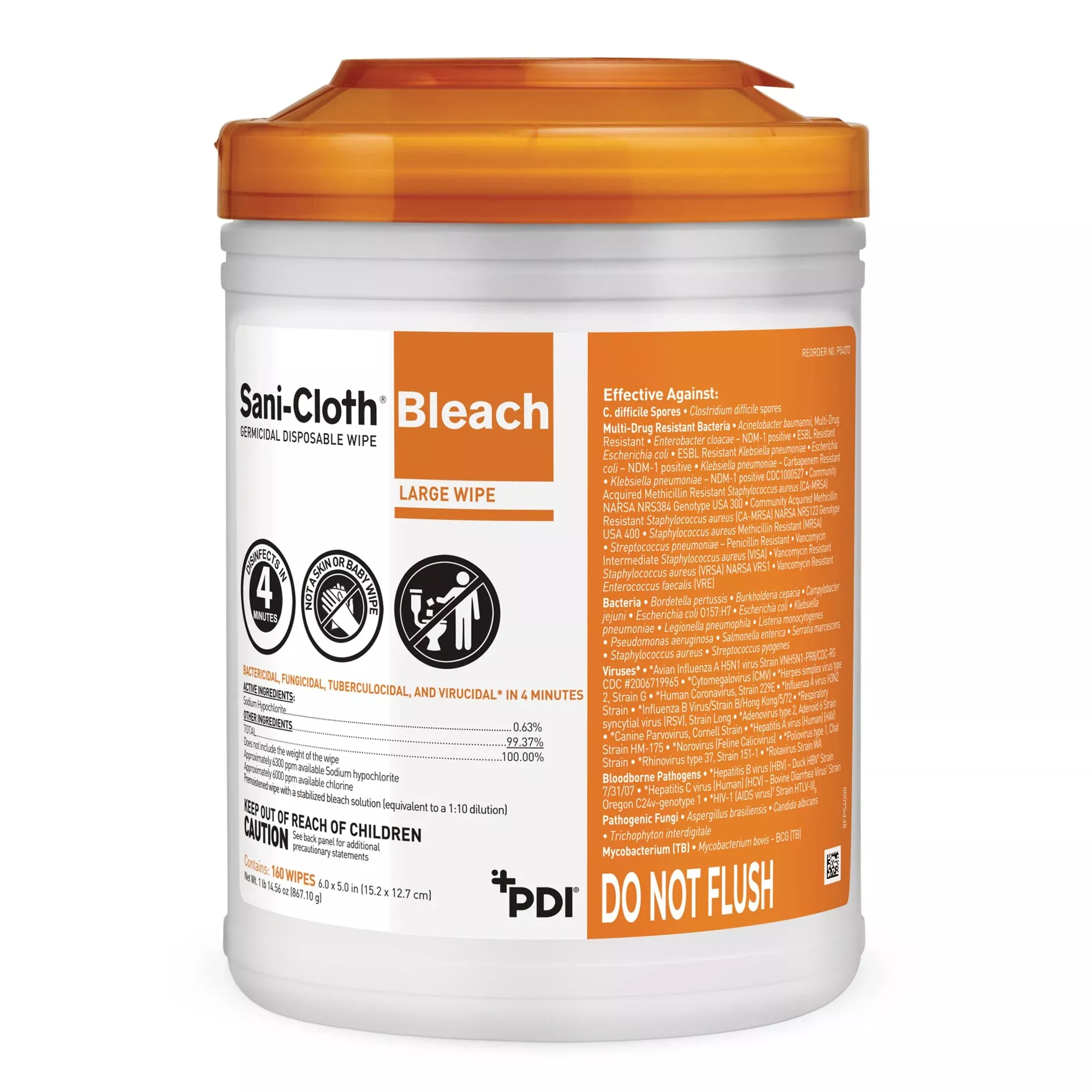Sani-Cloth Bleach Germicidal Disinfectant Wipe, Canister, 160 ct.