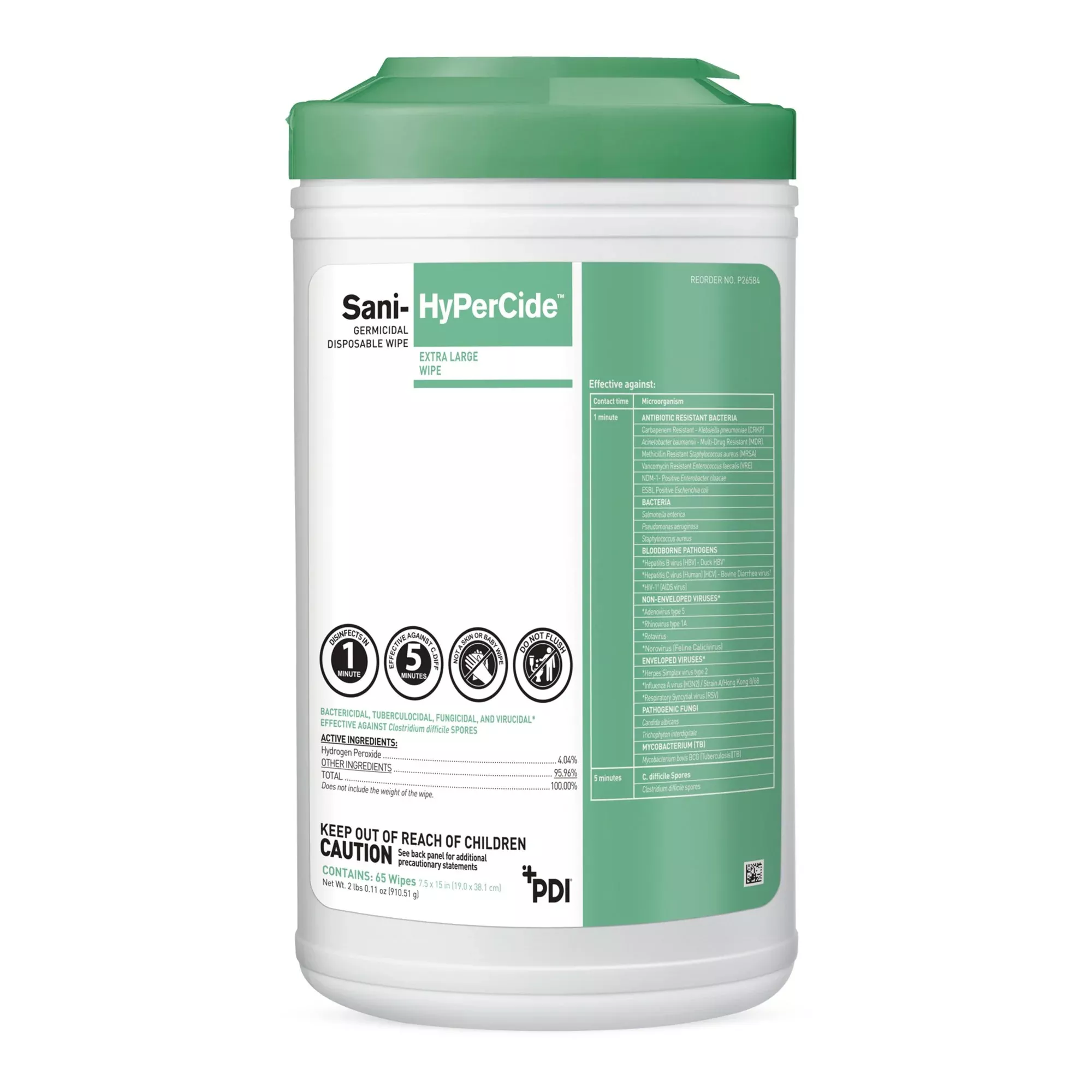 Sani-HyPerCide Extra Large Germicidal Disinfectant Wipes, Canister, 65 ct.