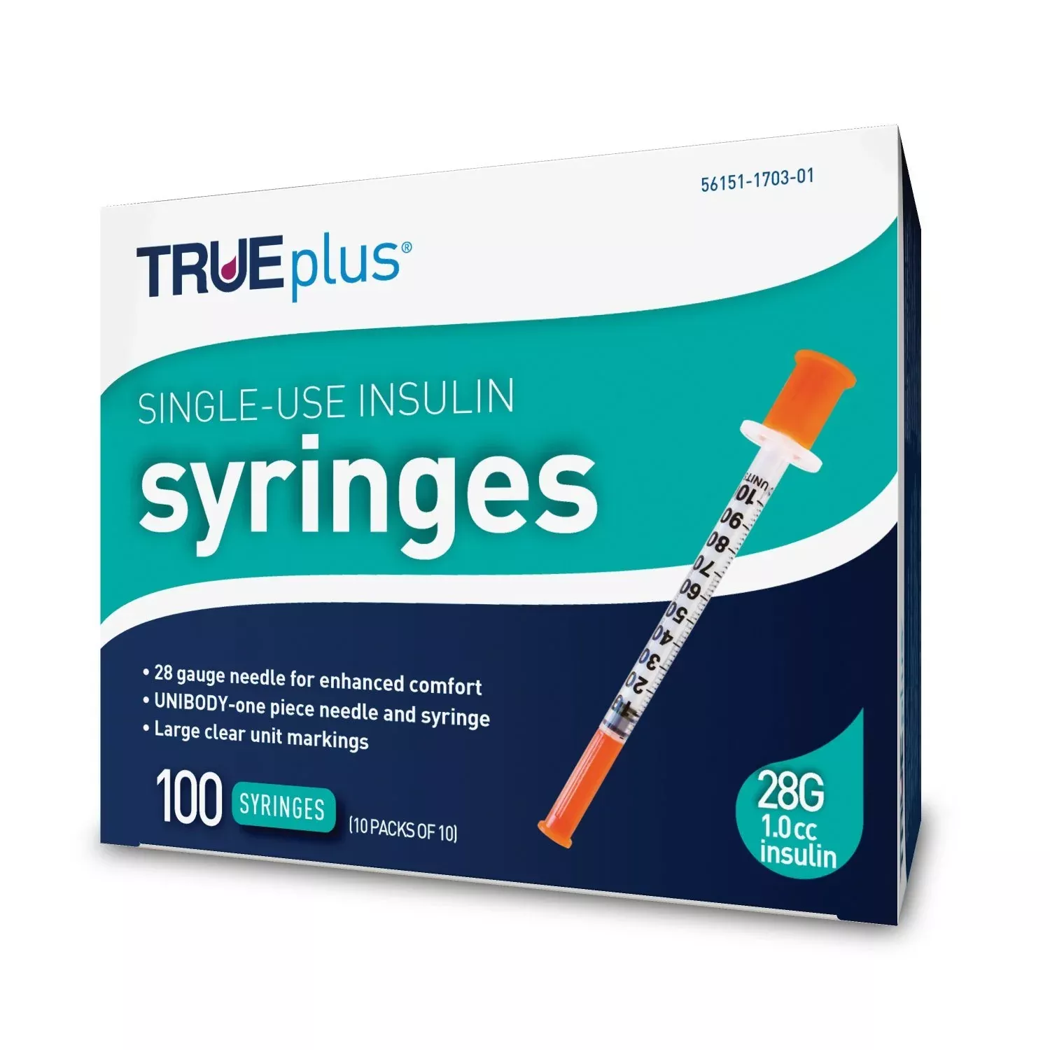 Trueplus Single-Use Insulin Syringe, 28G x 1/2", 1 mL (100 Count)