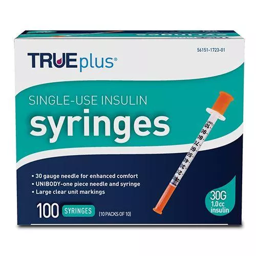 Trueplus Single-Use Insulin Syringe, 30G x 5/16", 1 mL (100 Count)