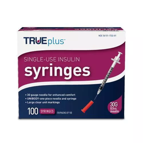 Trueplus Single-Use Insulin Syringe, 30G x 5/16", .5 mL (100 Count)