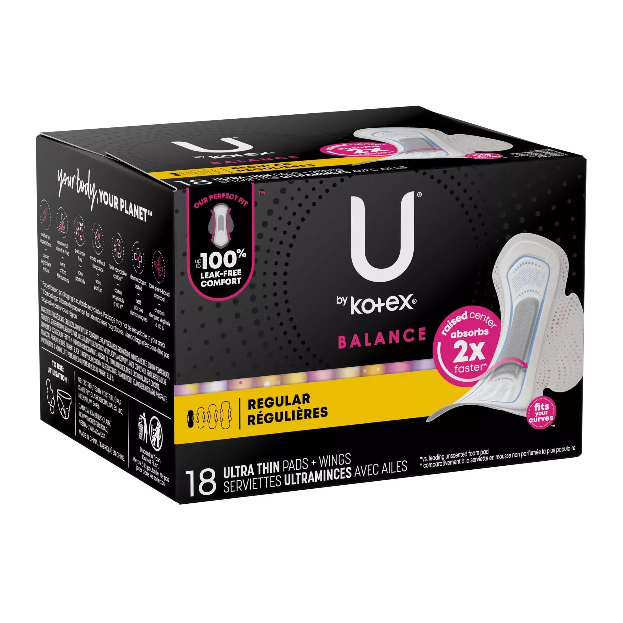 U by Kotex Balance Ultra Thin Charcoal Pads with Wings, Regular