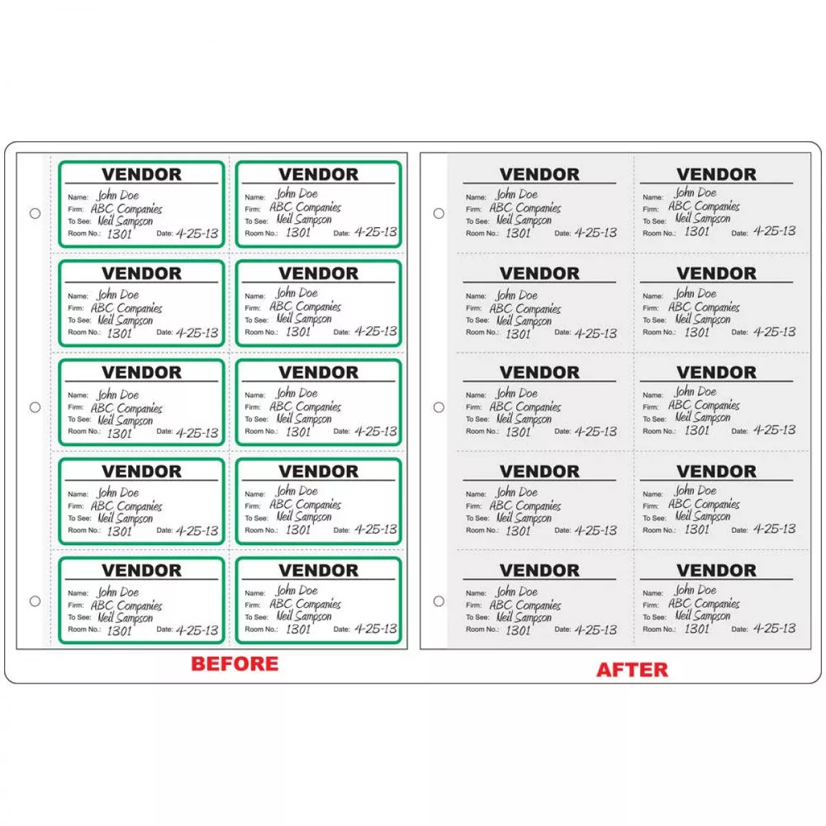 Visitor Pass Form With Record Log (Paper, Removable) Vendor Name 2 3 9/16" X 1 7/8" White With Green 10 Per Sheet, 100 Sheets Per Package